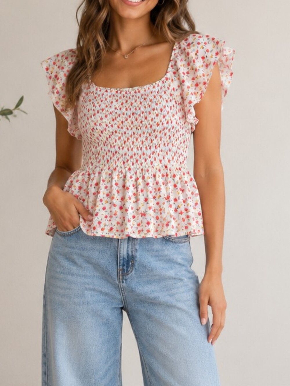 Homebody Smocked Flutter Sleeve Floral Chiffon Top Sz L Feminine Soft Romantic